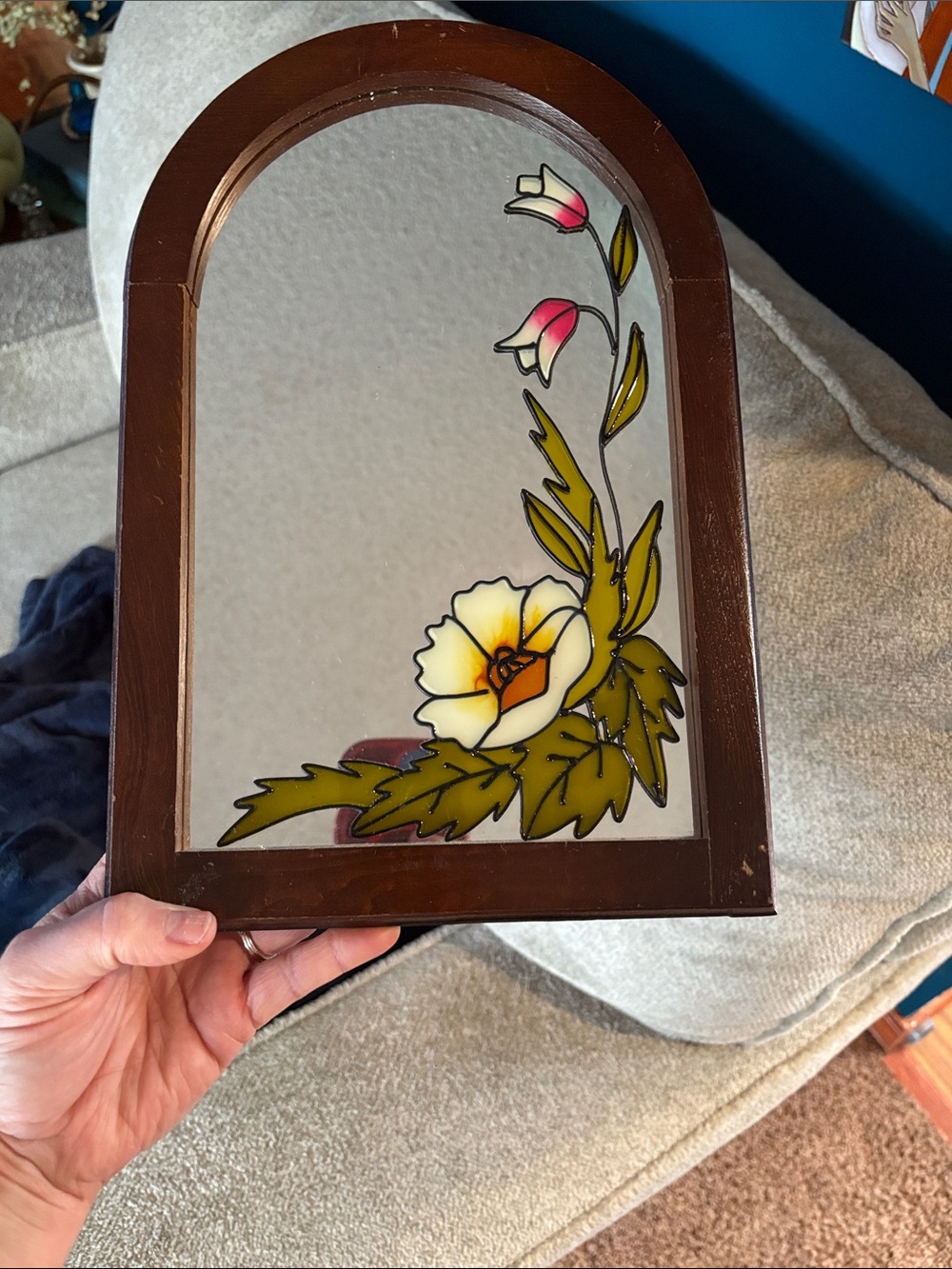 Vintage Hand-Painted Floral Stained Glass Wall Mirror - White & Pink Flower